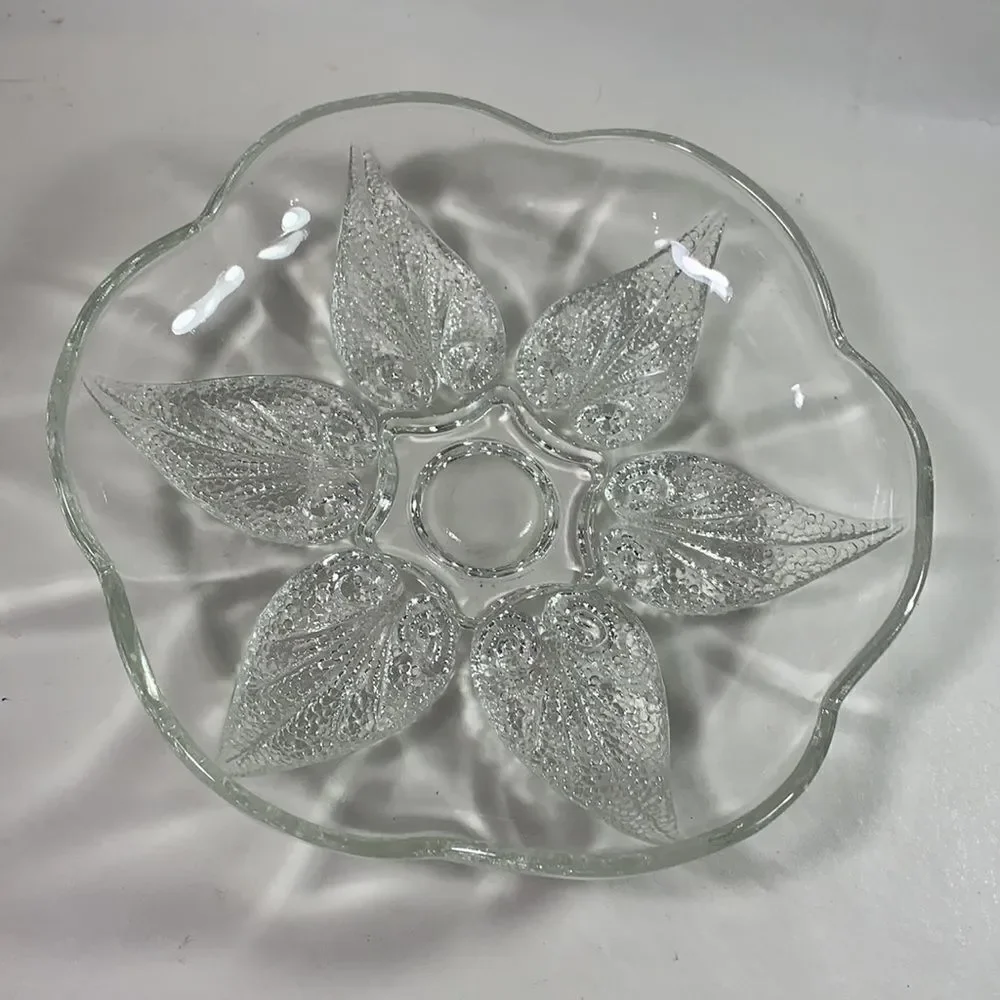Vintage Glass Serving Trinket Textured Leaves EUC